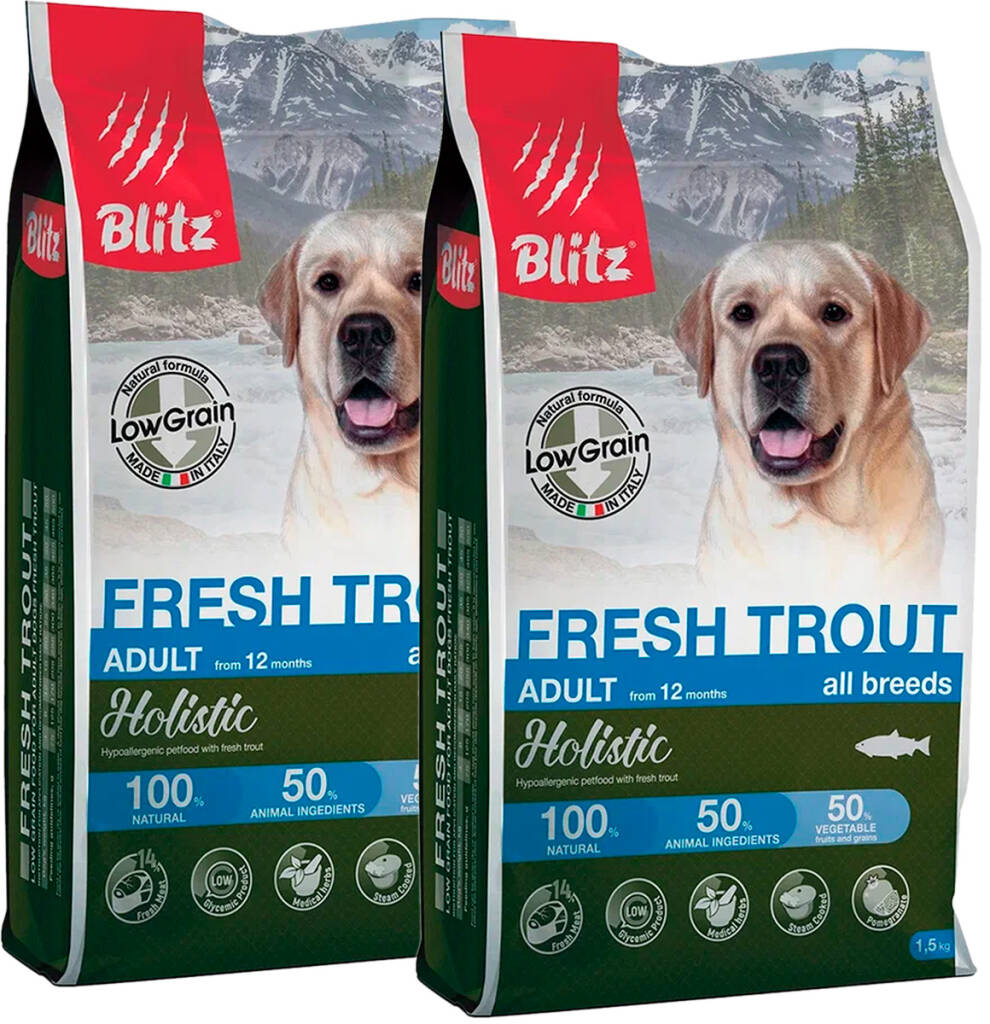 Сухой корм для собак BLITZ HOLISTIC LOW-GRAIN ADULT FRESH TROUT с форелью 2шт по 1,5кг
Сухой корм для собак BLITZ HOLISTIC LOW-GRAIN ADULT FRESH TROUT с форелью 2шт по 1,5кг