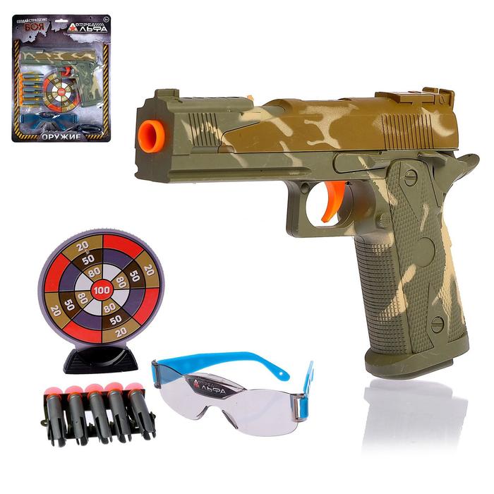 Пистолет игрушечный «Глок», с мишенью и очками, стреляет присосками
Пистолет игрушечный «Глок», с мишенью и очками, стреляет присосками