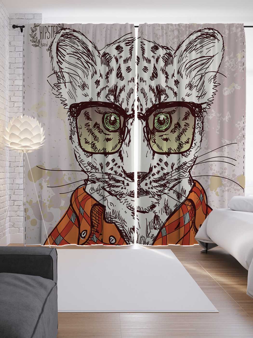 фото Шторы joyarty с фотопечатью "снежный барс в очках" из сатена, 290х265 см