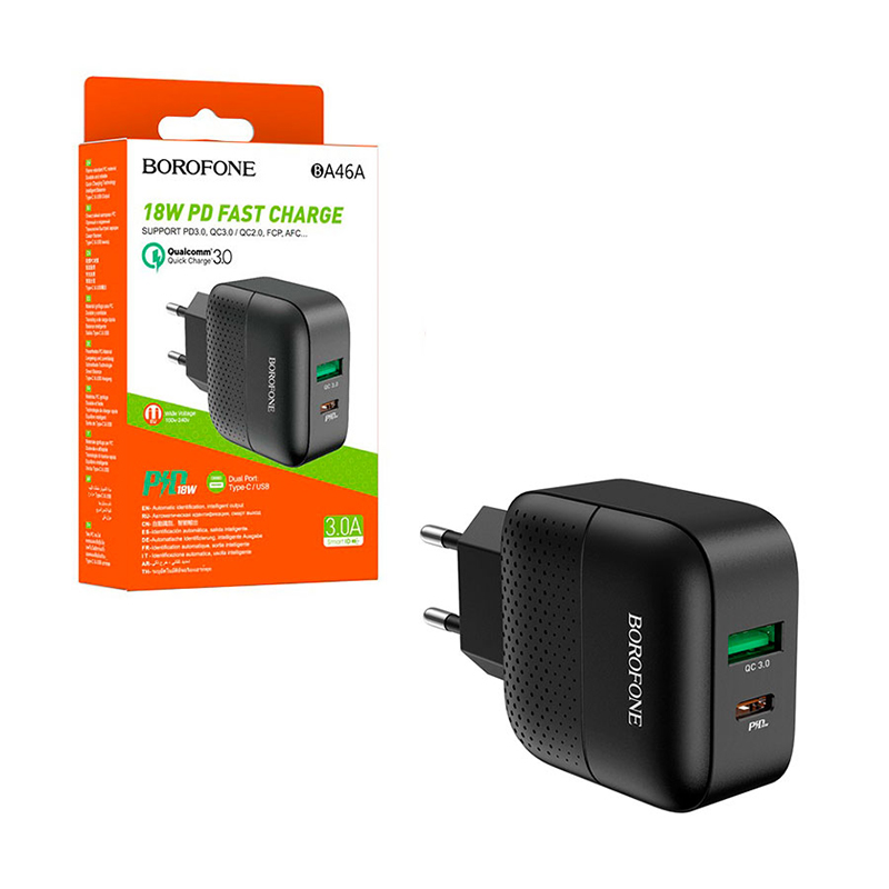 фото Сетевое зарядное устройство usb/type-c borofone ba46a (3а, qc3.0, pd) (черное) basemarket