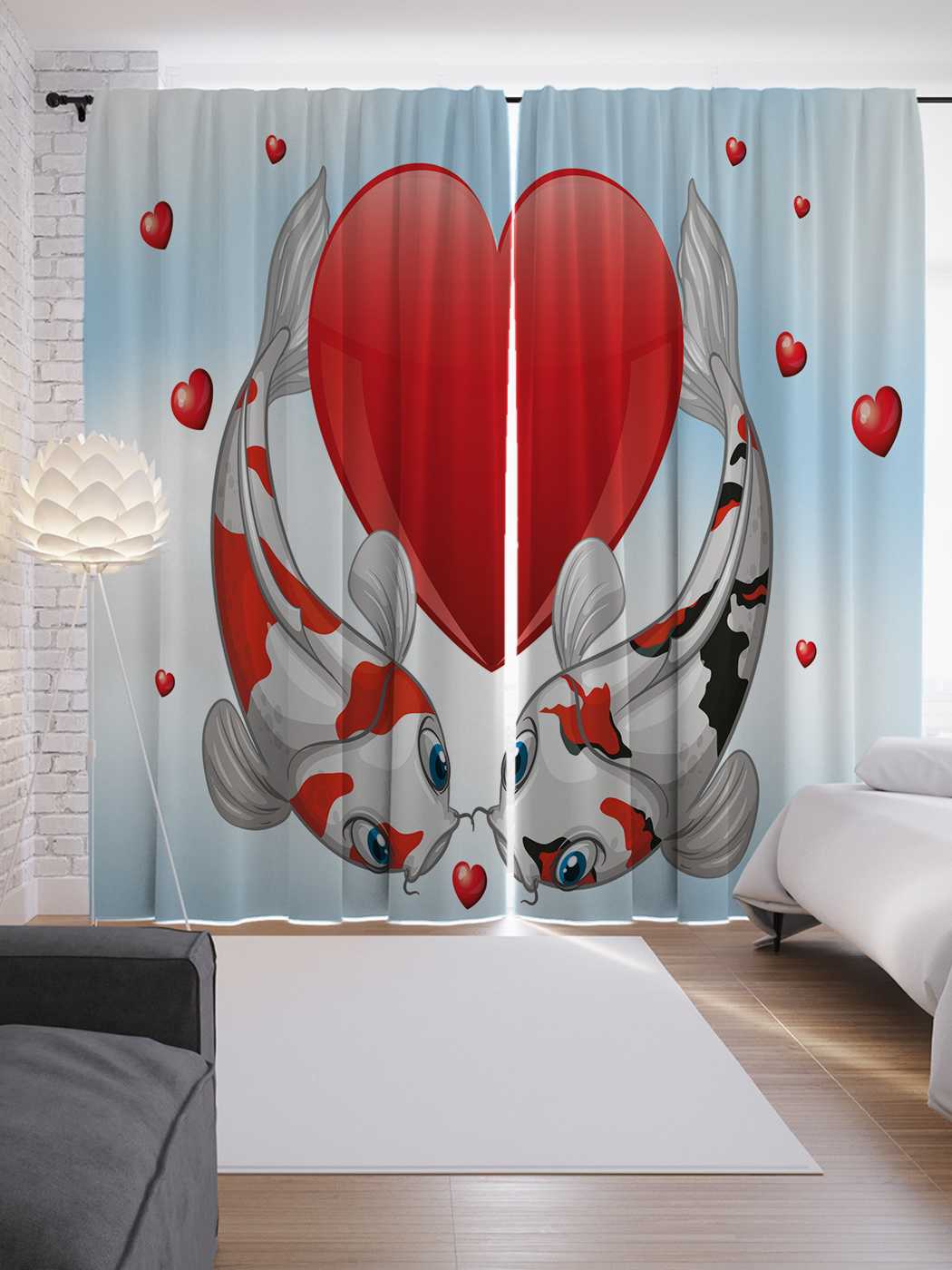 фото Шторы joyarty с фотопечатью "влюбленные карпы" из сатена, 290х265 см