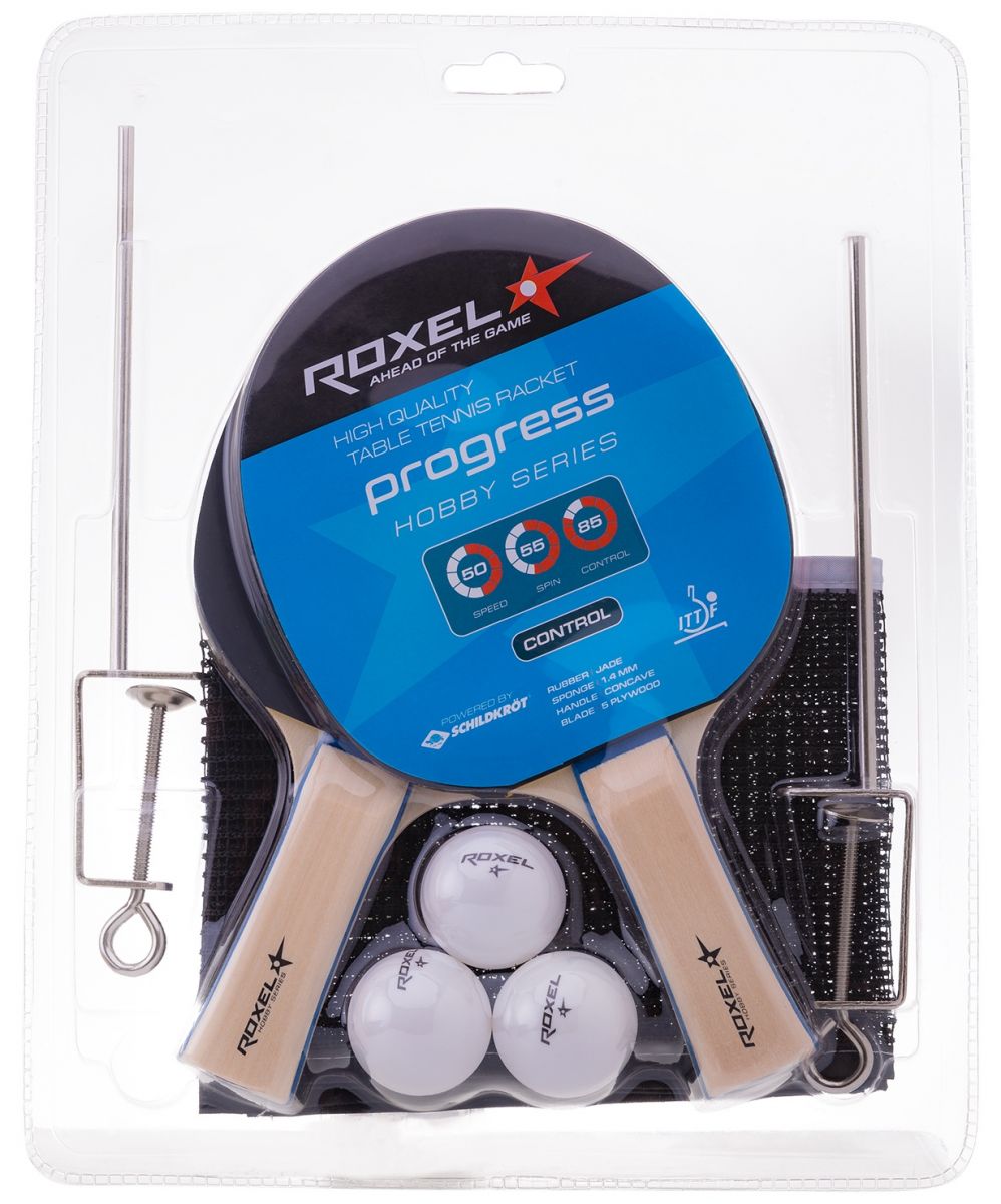 фото Набор для настольного тенниса roxel hobby progress 2 ракетки, 3 мяча, сетка
