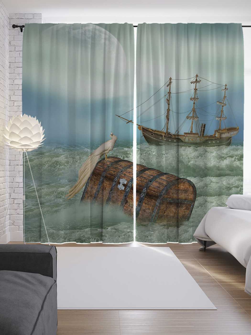 фото Шторы joyarty с фотопечатью "сундук с парусника" из сатена, 290х265 см