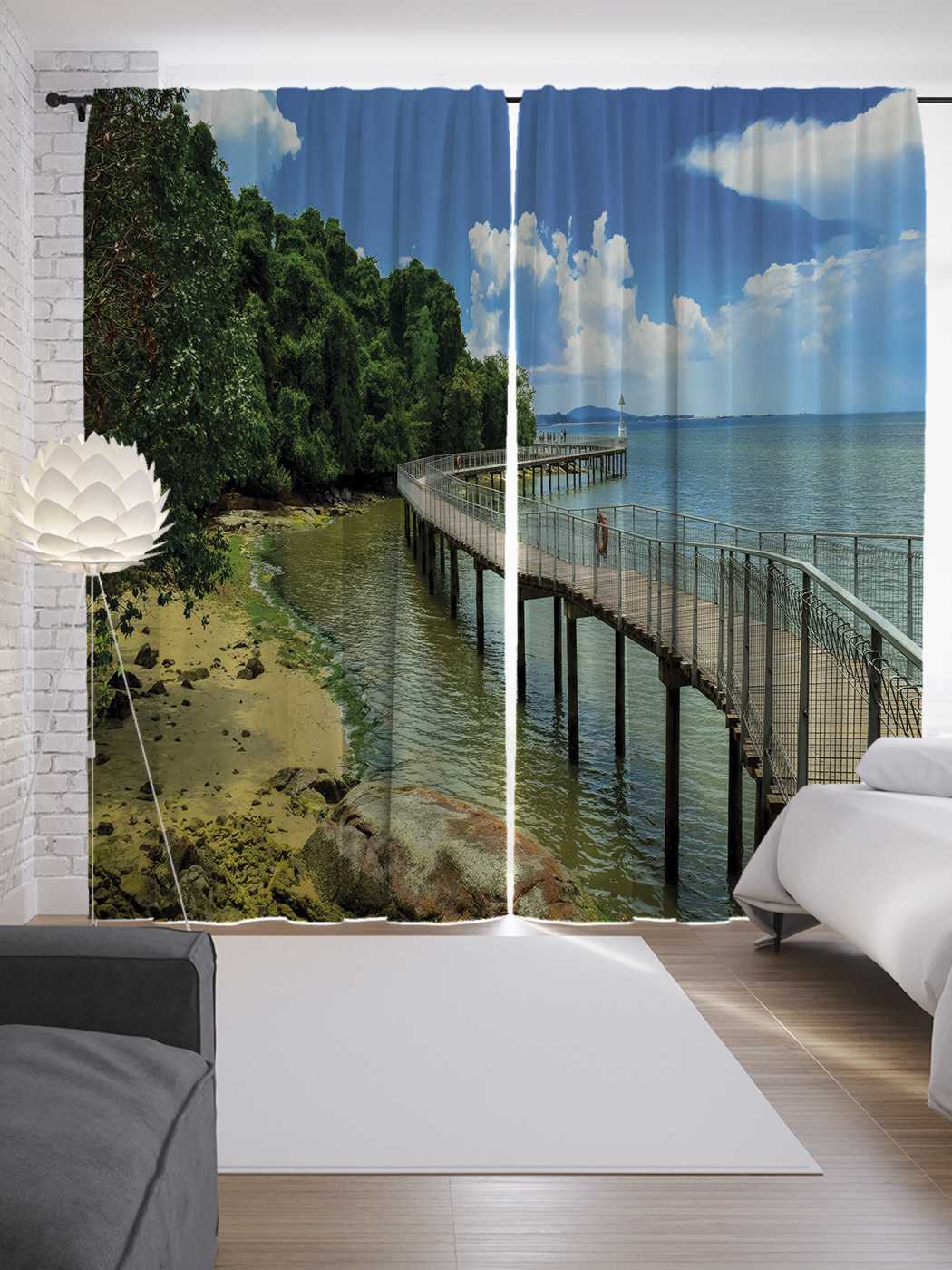 фото Шторы joyarty с фотопечатью "мост вдоль берега" из сатена, 290х265 см