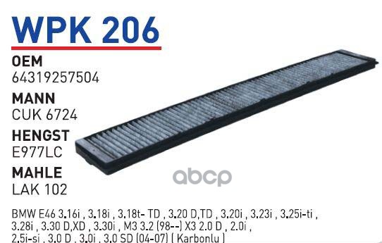 Фильтр салонный (угольный) BMW E46/E83 X3 98-> угольный WUNDER FILTER WPK206, WPK206
Фильтр салонный (угольный) BMW E46/E83 X3 98-> угольный WUNDER FILTER WPK206, WPK206