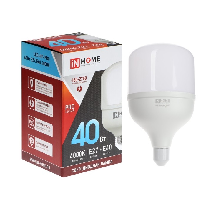 Лампа светодиодная IN HOME LED-HP-PRO, 40 Вт, 230 В, Е27, E40, 4000 К, 3800 Лм, с адаптеро
Лампа светодиодная IN HOME LED-HP-PRO, 40 Вт, 230 В, Е27, E40, 4000 К, 3800 Лм, с адаптеро