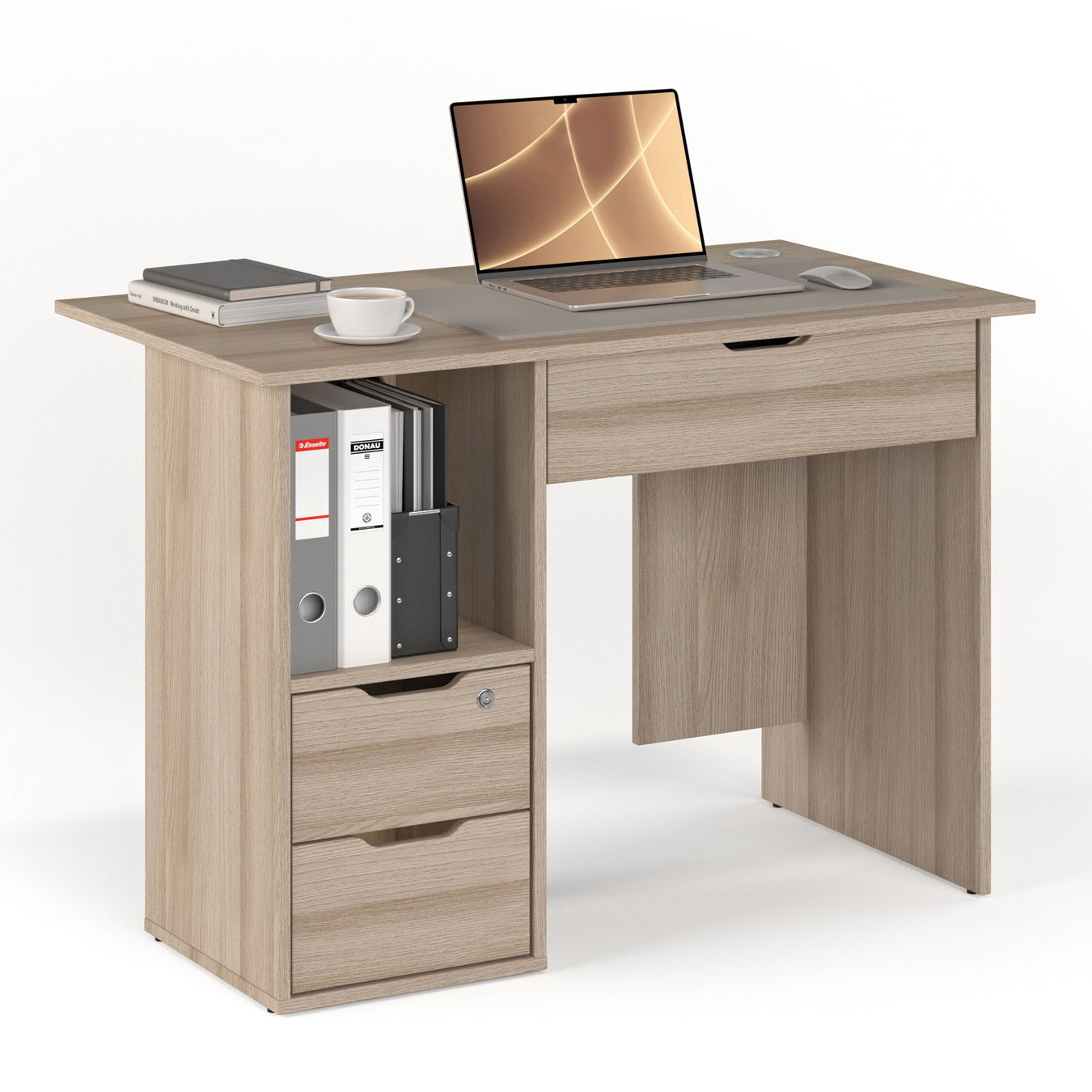 Письменный стол МагМебель №62Я ясень шимо светлый, Письменный стол с двумя узкими и одним широким ящиком и высокой нишей для папок №62Я тумба слева