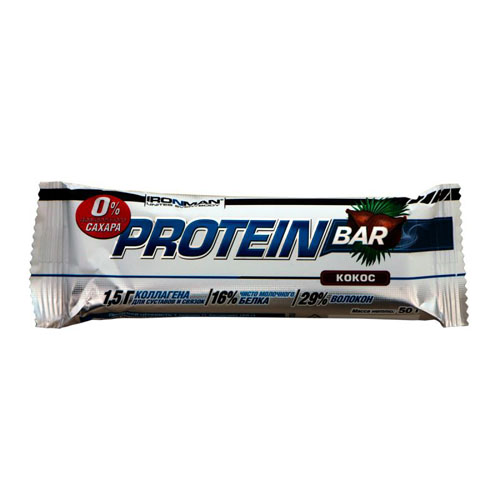 фото Ironman protein bar без сахара 50 гр. (кокос) - протеиновый батончик с коллагеном