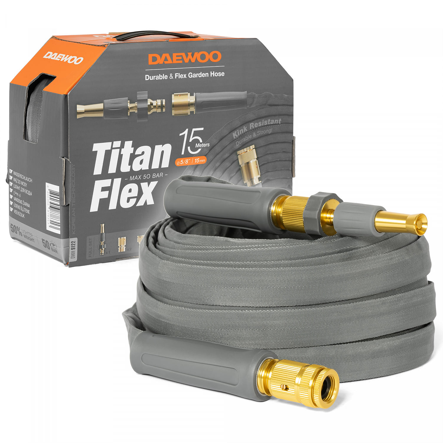 Шланг для полива DAEWOO TitanFlex DWH 9122 15м 5/8" с комплектом для полива, Серый, DWH912
Шланг для полива DAEWOO TitanFlex DWH 9122 15м 5/8" с комплектом для полива, Серый, DWH912