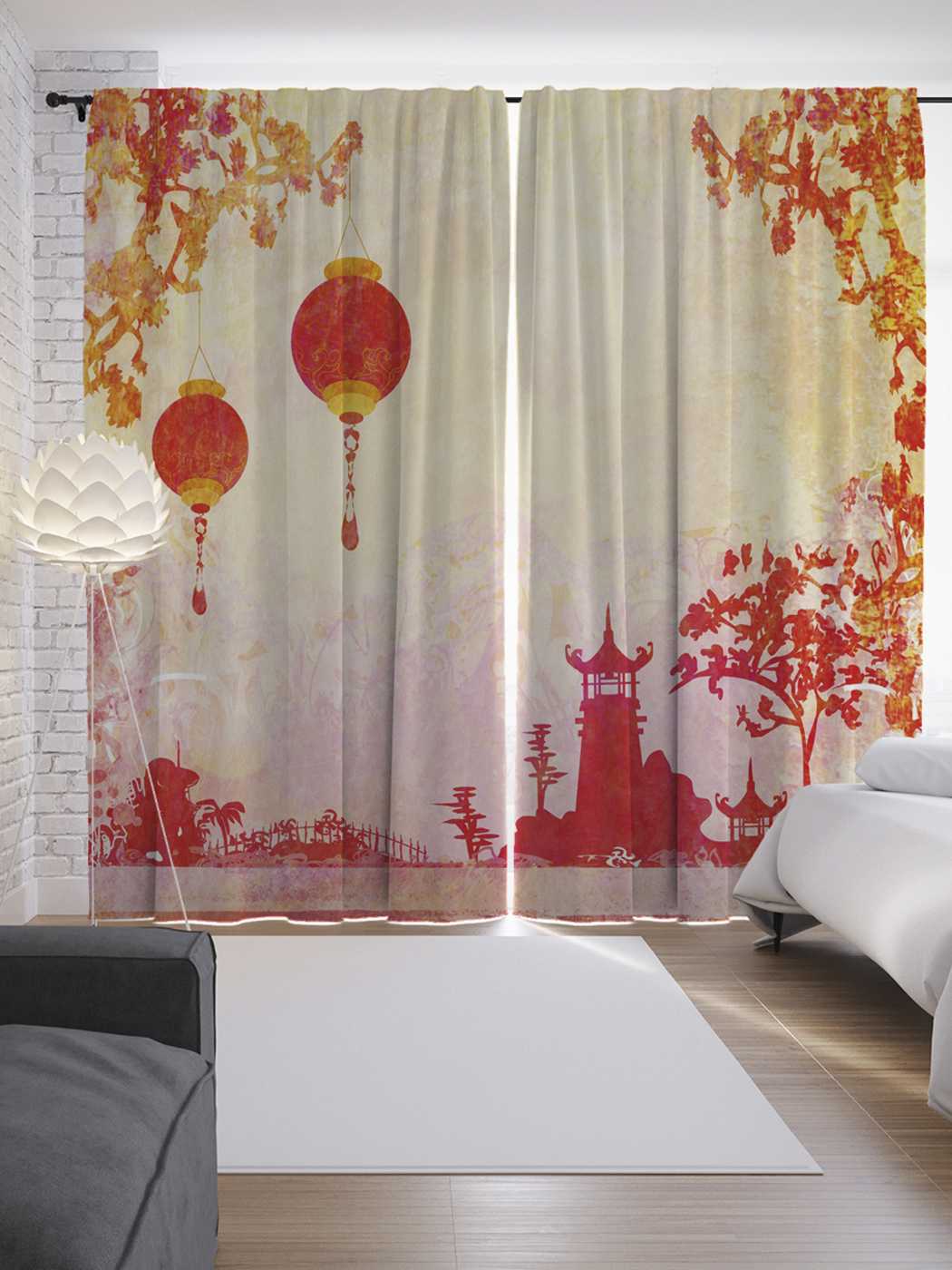 фото Шторы joyarty с фотопечатью "японские огоньки" из сатена, 290х265 см