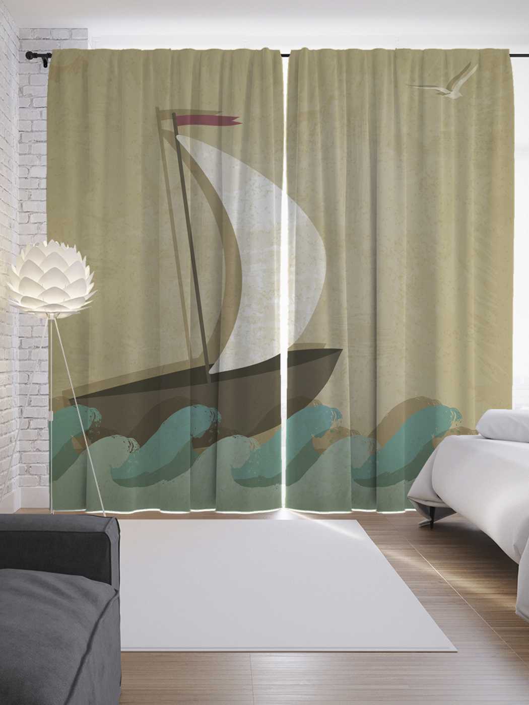 фото Шторы joyarty с фотопечатью "парусник на волнах" из сатена, 290х265 см