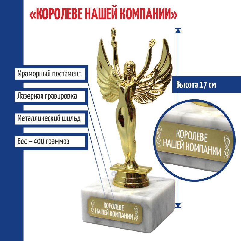 Статуэтка Королеве нашей компании 17 см 28878, Золотистый, d108204-172-koroleve-kompanii
Статуэтка Королеве нашей компании 17 см 28878, Золотистый, d108204-172-koroleve-kompanii