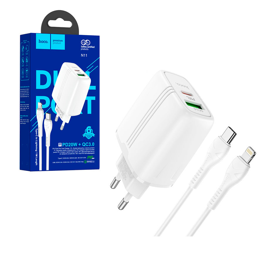 Зарядное устройство USB/Type-C Hoco N11 (3А, QC3.0, PD, кабель Type-C-Lightning) (белое)
Зарядное устройство USB/Type-C Hoco N11 (3А, QC3.0, PD, кабель Type-C-Lightning) (белое)