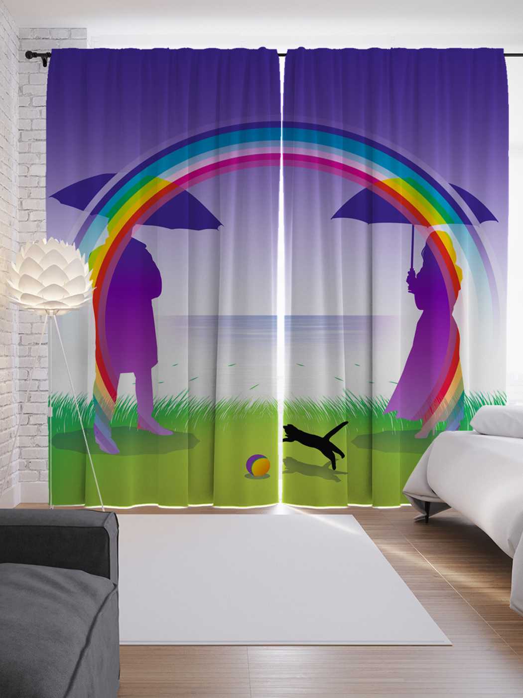 фото Шторы joyarty с фотопечатью "котенок под радугой" из сатена, 290х265 см