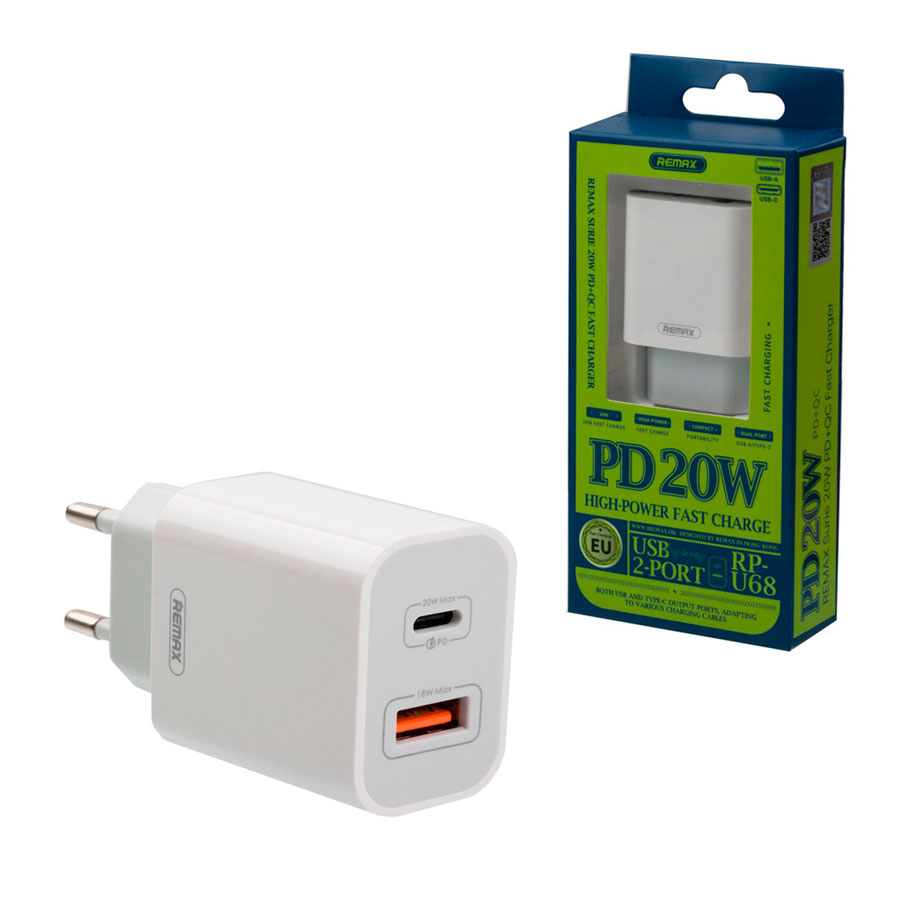 Сетевое зарядное устройство USB/Type-C Remax RP-U68 (3А, QC3.0, PD) без кабеля (белое)
Сетевое зарядное устройство USB/Type-C Remax RP-U68 (3А, QC3.0, PD) без кабеля (белое)