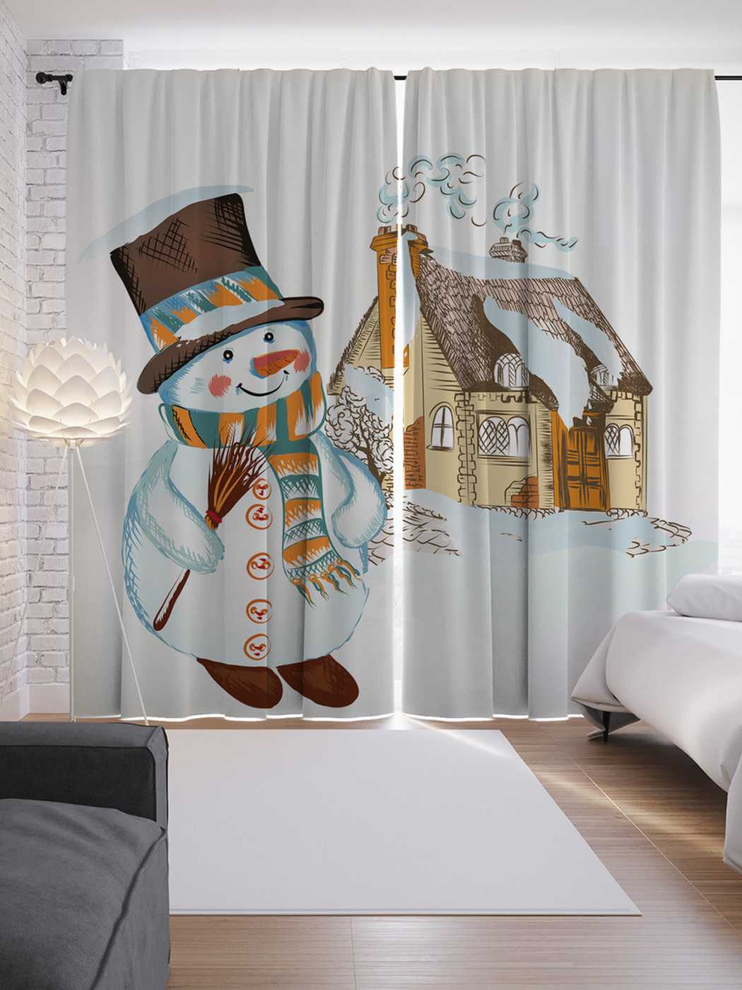 фото Шторы joyarty с фотопечатью "снеговик и дом" из сатена, 290х265 см