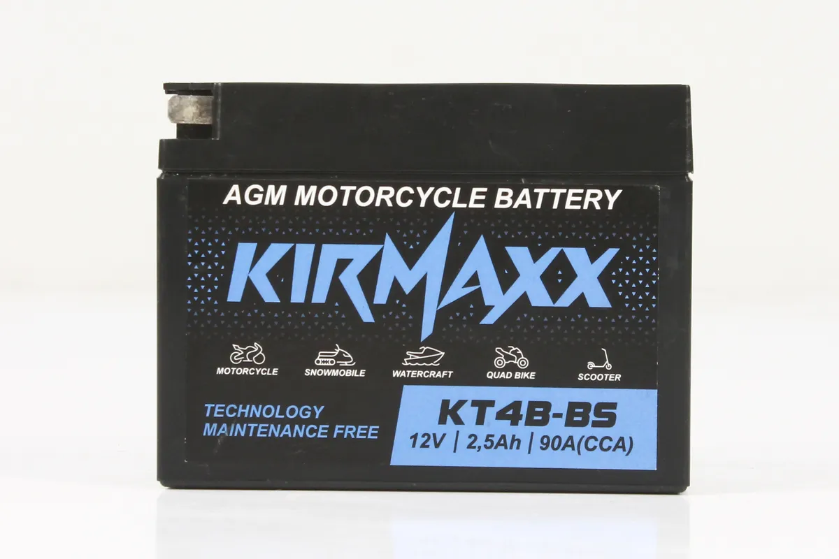 Мото аккумулятор KirMaxx KT4B-BS (YT4B-BS) стартерный для мотоцикла AGM 12V 2,5 а/ч, KirMaxx KT4B-BS
Мото аккумулятор KirMaxx KT4B-BS (YT4B-BS) стартерный для мотоцикла AGM 12V 2,5 а/ч, KirMaxx KT4B-BS