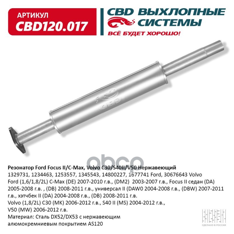 Резонатор Ford Focus Ii/C-Max, Volvo C30/S40ii/V50 Нерж. Cbd120.017 Обьем Cbd Cbd120017 CB
Резонатор Ford Focus Ii/C-Max, Volvo C30/S40ii/V50 Нерж. Cbd120.017 Обьем Cbd Cbd120017 CB