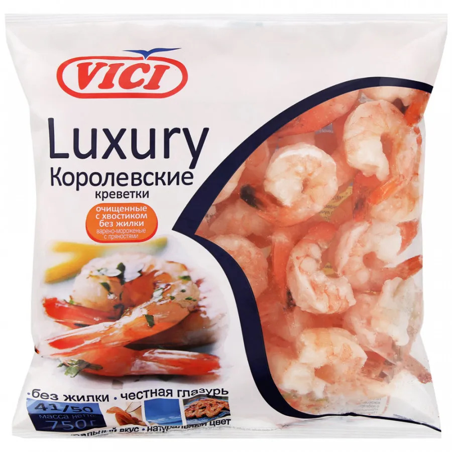 Креветки Vici Luxury королевские очищенные с хвостиком без жилки с пряностями 41/50 750 г
Креветки Vici Luxury королевские очищенные с хвостиком без жилки с пряностями 41/50 750 г