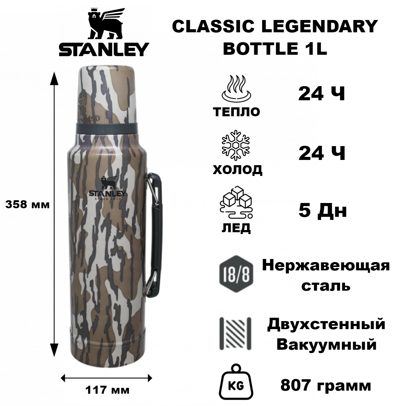 Термос Stanley Legendary Classic Bottle 1.0L Bottomland Mossy Oak, Разноцветный, Legendary Classic Bottle 1.0
Термос Stanley Legendary Classic Bottle 1.0L Bottomland Mossy Oak, Разноцветный, Legendary Classic Bottle 1.0