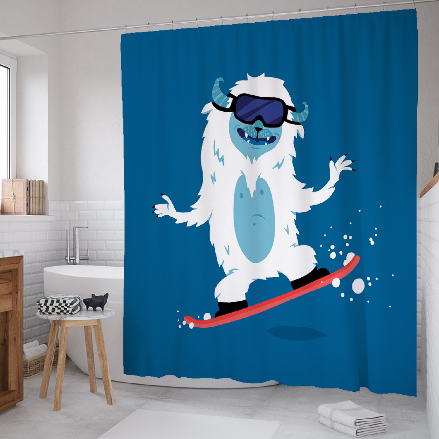 фото Штора для ванной joyarty "в лыжных очках" из сатена, 180х200 см с крючками