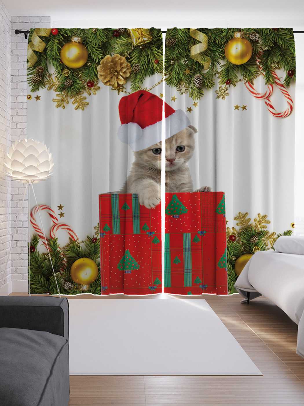 фото Шторы joyarty с фотопечатью "кошачий санта" из сатена, 290х265 см