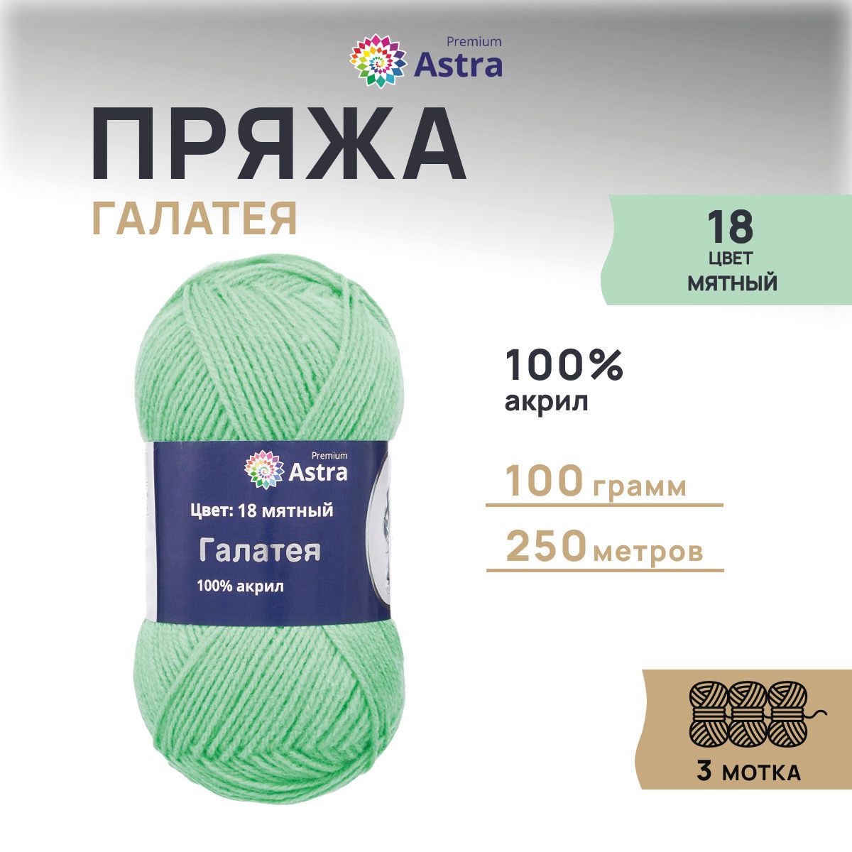 Пряжа для вязания Astra Premium Галатея 100г 250м, 100% акрил (18 мятный), 3 шт, Бирюзовый, 7715898
Пряжа для вязания Astra Premium Галатея 100г 250м, 100% акрил (18 мятный), 3 шт, Бирюзовый, 7715898