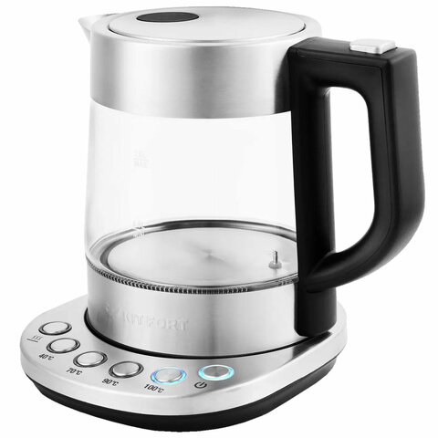 фото Чайник kitfort кт-648, 1л, 2200вт,,закрытый нагрев.элемент, терморегулятор, стекло, серебр