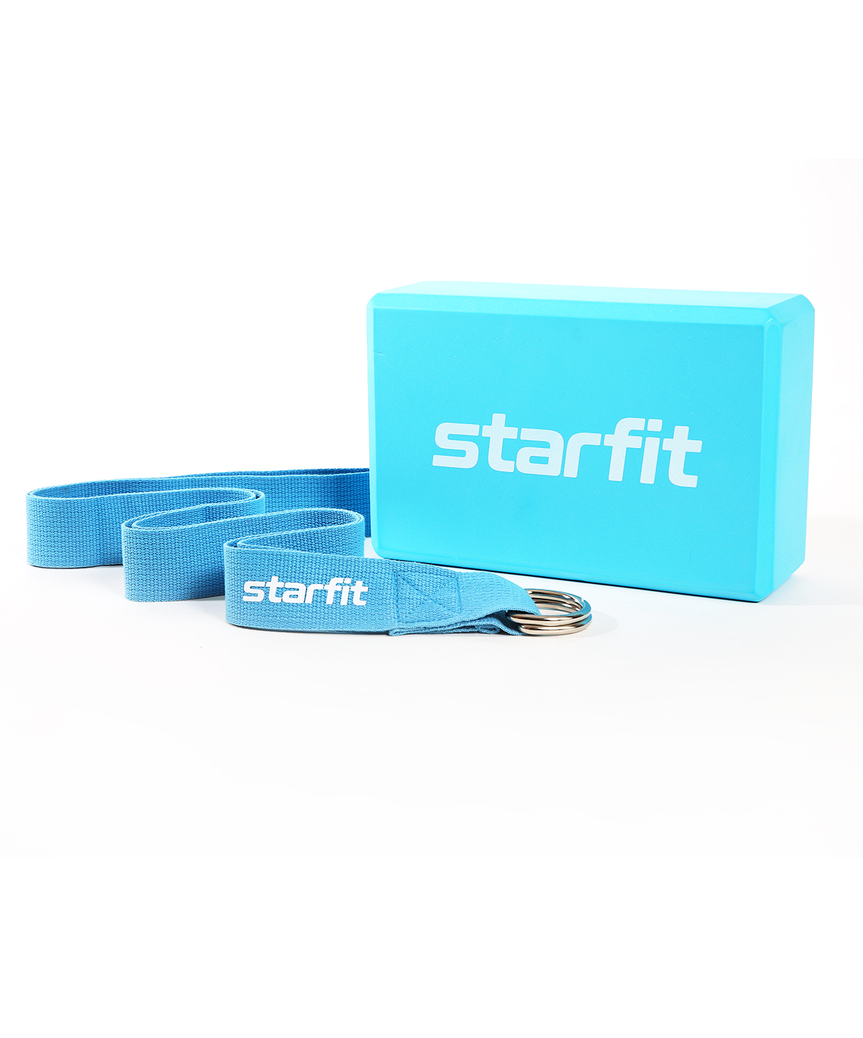 фото Блок и ремень для йоги, комплект starfit fa-1040, синий пастель