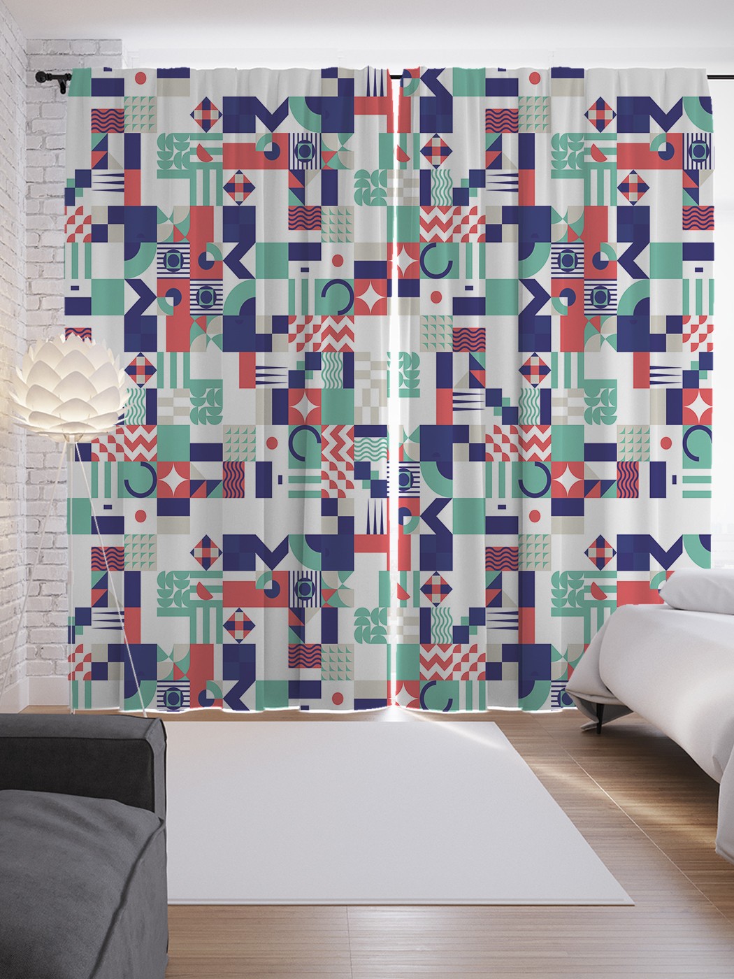 фото Шторы joyarty с фотопечатью "геометрия в квадратах" из сатена, 290х265 см