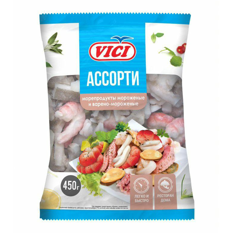 Ассорти из морепродуктов Vici с изделиями формованными из сурими замороженное 450 г
Ассорти из морепродуктов Vici с изделиями формованными из сурими замороженное 450 г
