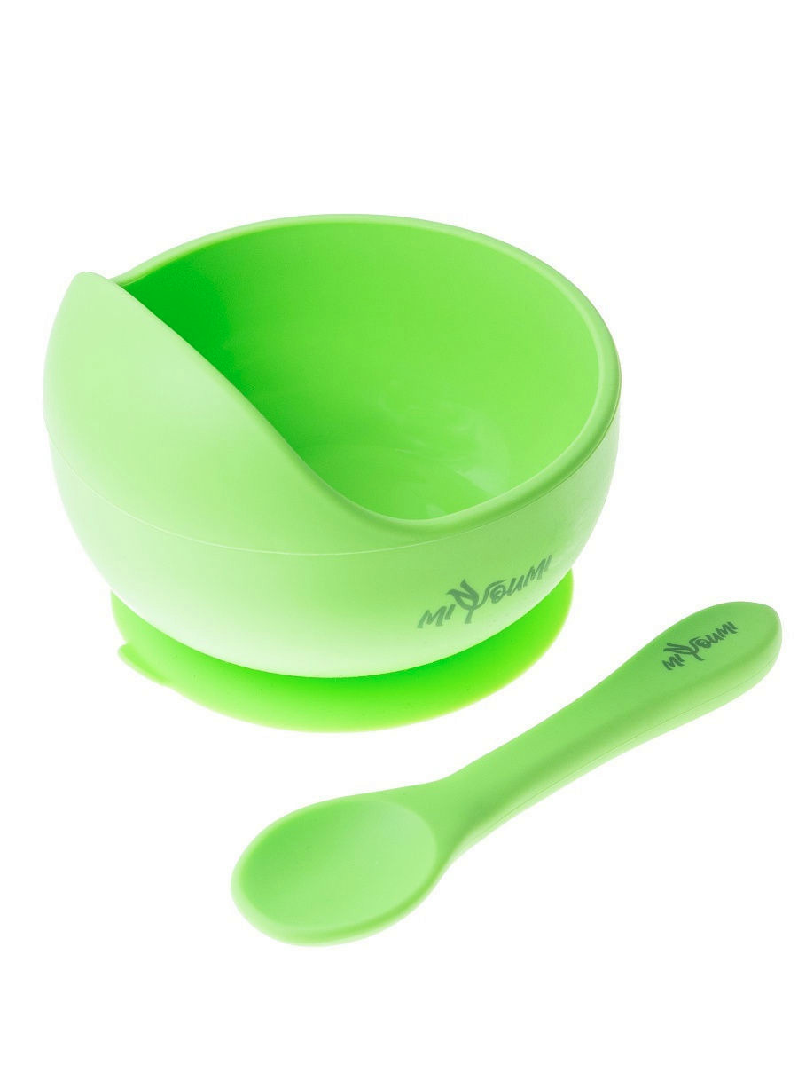 фото Силиконовая тарелка на присоске + ложечка miyoumi lime t0001/225