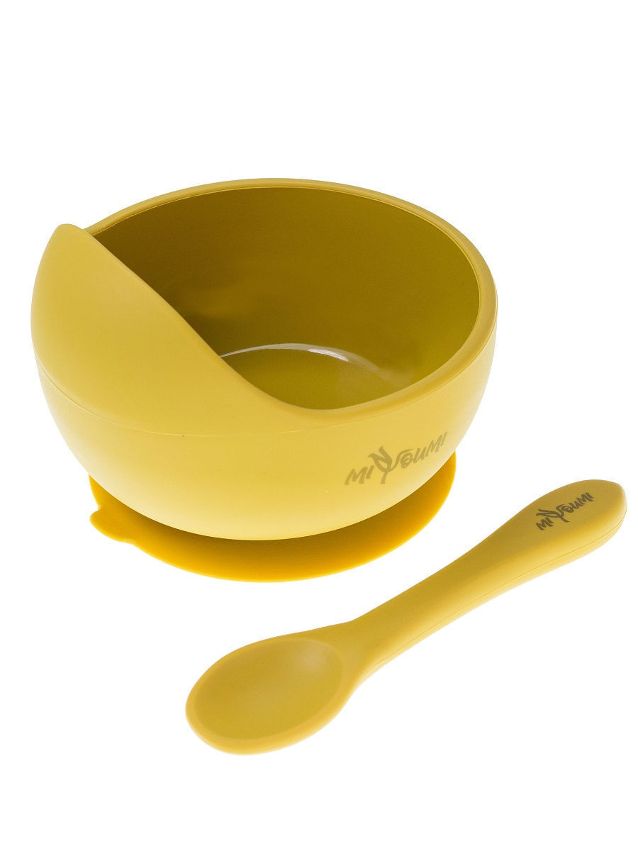 фото Силиконовая тарелка на присоске + ложечка miyoumi mustard t0001/254