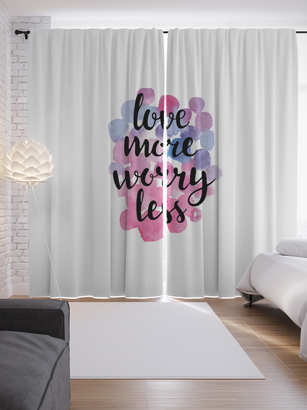 фото Шторы joyarty с фотопечатью "больше любить меньше беспокоиться" из сатена, 290х265 см