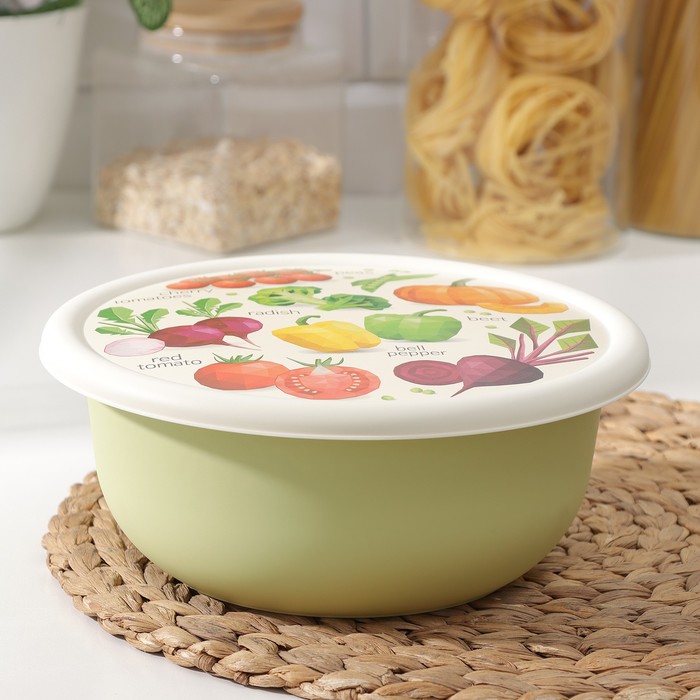 Миска с крышкой Idiland, 2,1 л, d=22,5 см, h=9 см, с декором, цвет салатовый, Кухонные принадлежности Bergamo
Миска с крышкой Idiland, 2,1 л, d=22,5 см, h=9 см, с декором, цвет салатовый, Кухонные принадлежности Bergamo