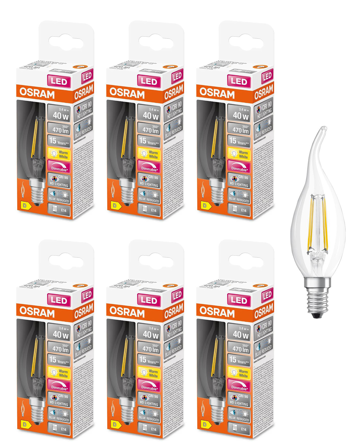 Лампочка светодиодная OSRAM Свеча BA E14 3,4Вт 220В 470Лм 2700К тепл белый упак. 6шт, Свеча на ветру BA E14 3,4Вт 220В 470Лм Филамент Диммируемая 2700К
Лампочка светодиодная OSRAM Свеча BA E14 3,4Вт 220В 470Лм 2700К тепл белый упак. 6шт, Свеча на ветру BA E14 3,4Вт 220В 470Лм Филамент Диммируемая 2700К
