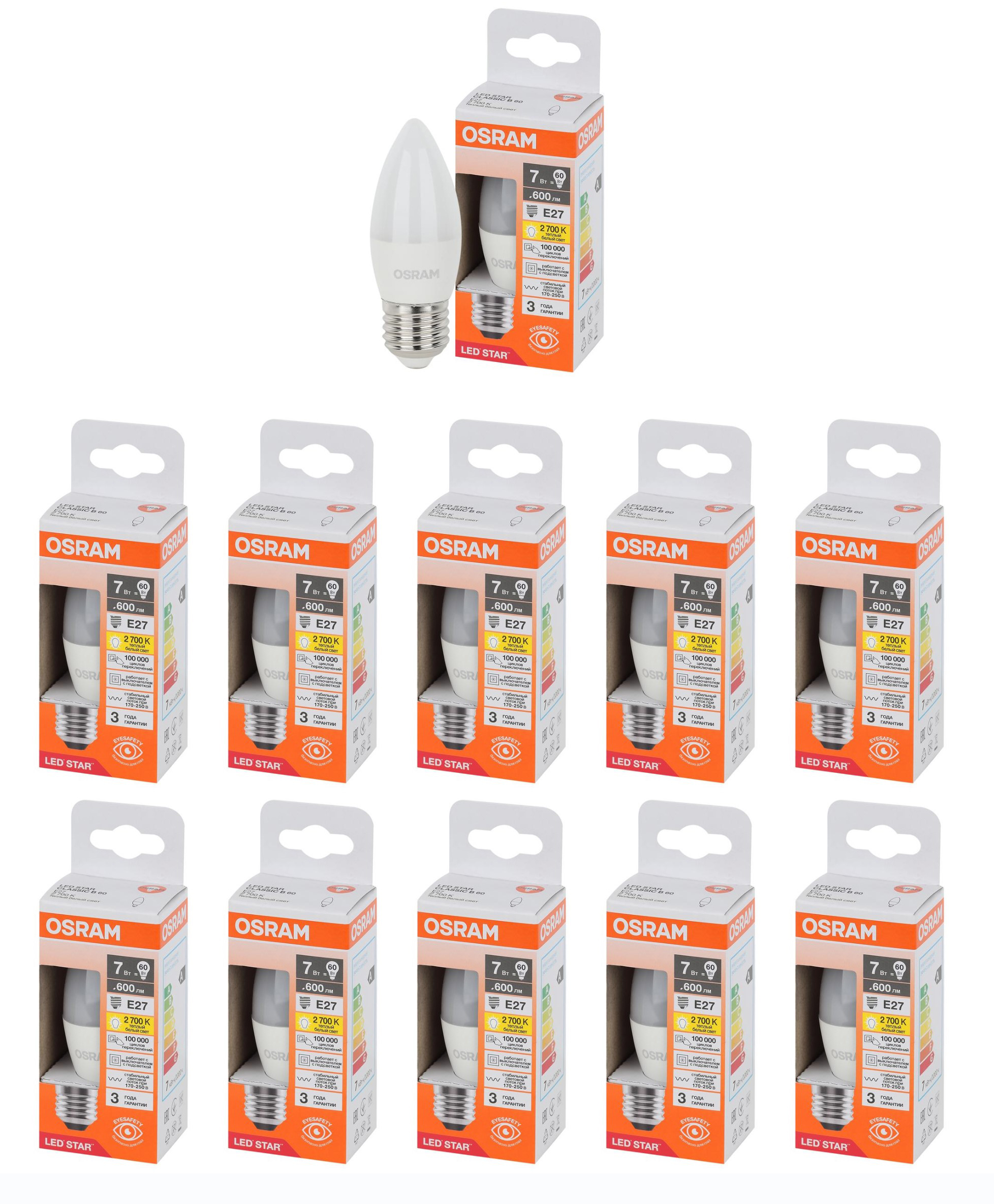 Лампочка светодиодная Osram 7W=60W 220V E27 Свеча матовая B Лм 2700K, упак. 10шт, 7W=60W 220V E27 Свеча мат. B Лм 2700K
Лампочка светодиодная Osram 7W=60W 220V E27 Свеча матовая B Лм 2700K, упак. 10шт, 7W=60W 220V E27 Свеча мат. B Лм 2700K