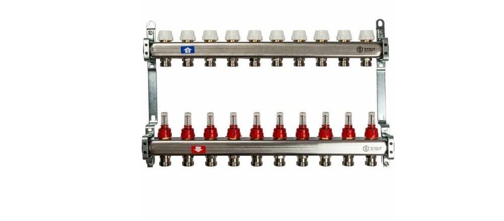 Коллектор STOUT с запор.клапанами, с клапаном вып. воздуха и сливом 1"/3/4"x11вых., kollektorstoutrashod 
Коллектор STOUT с запор.клапанами, с клапаном вып. воздуха и сливом 1"/3/4"x11вых., kollektorstoutrashod