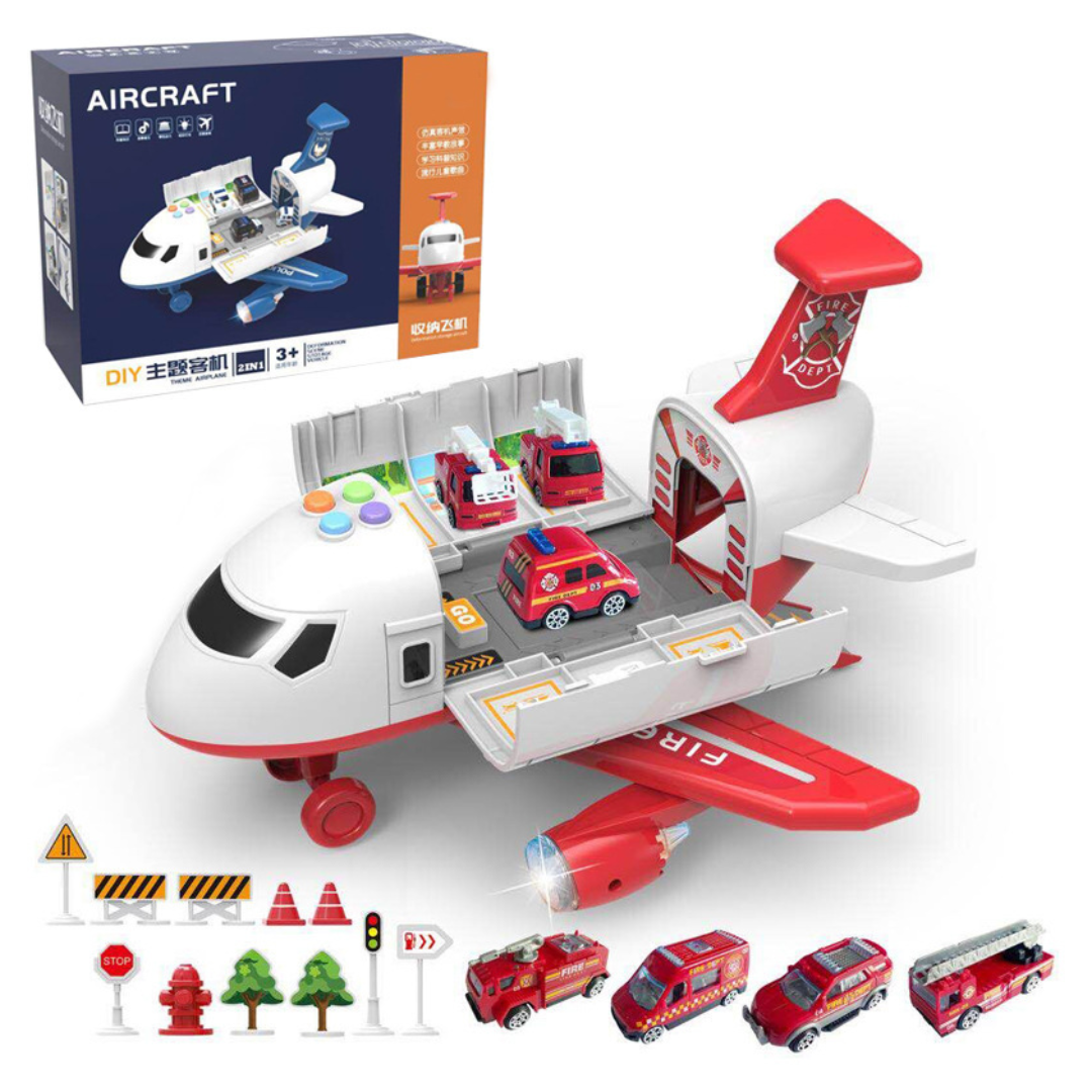 фото Игровой набор "грузовой самолет с 4 пожарными машинками и дорожными знаками", свет, звук nobrand