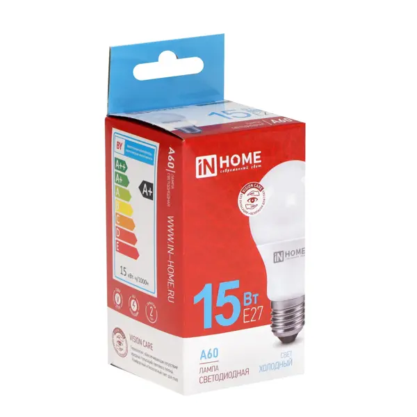 Лампа светодиодная IN HOME LED-A60-VC 15Вт230В Е27 6500К 1430Лм арт. 4690612020280 10шт., E27
Лампа светодиодная IN HOME LED-A60-VC 15Вт230В Е27 6500К 1430Лм арт. 4690612020280 10шт., E27