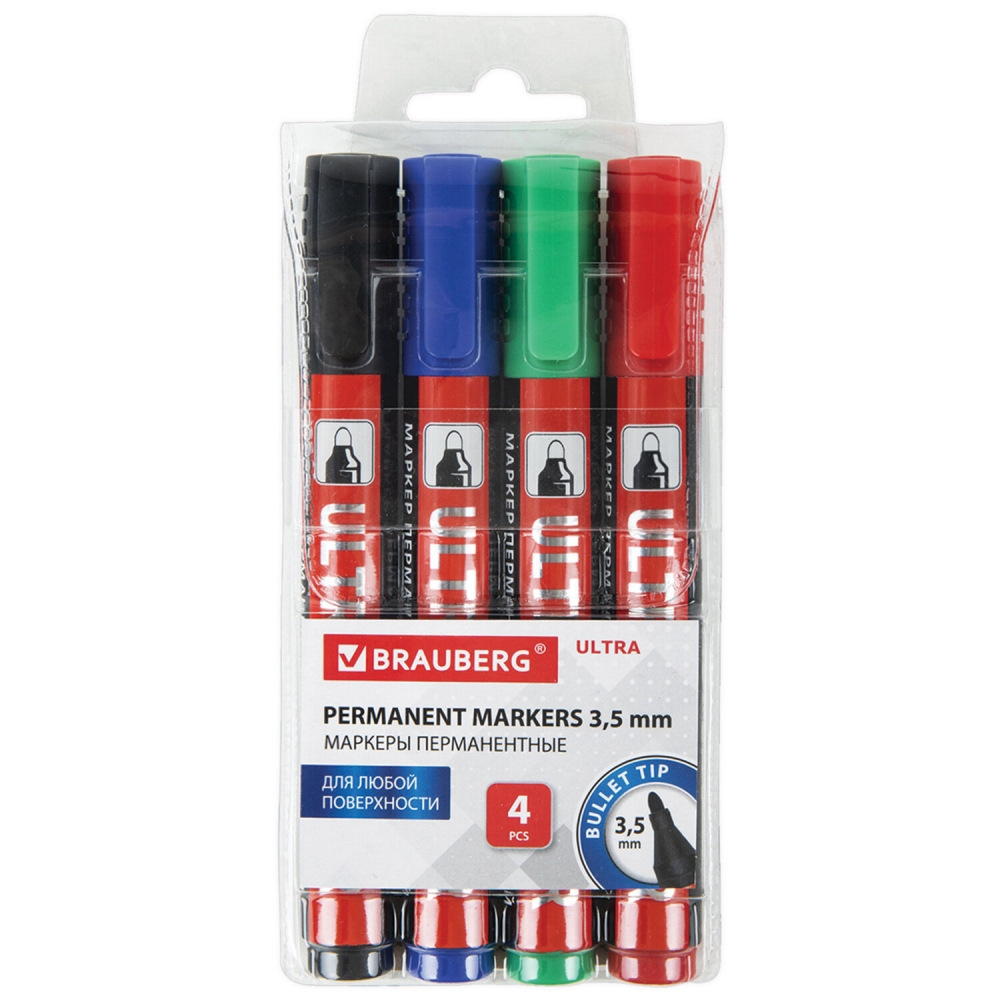 Набор из 4 шт, Маркеры перманентные Brauberg ULTRA MARKER, Набор 4 цвета, Синий;красный;зеленый;черный
Набор из 4 шт, Маркеры перманентные Brauberg ULTRA MARKER, Набор 4 цвета, Синий;красный;зеленый;черный