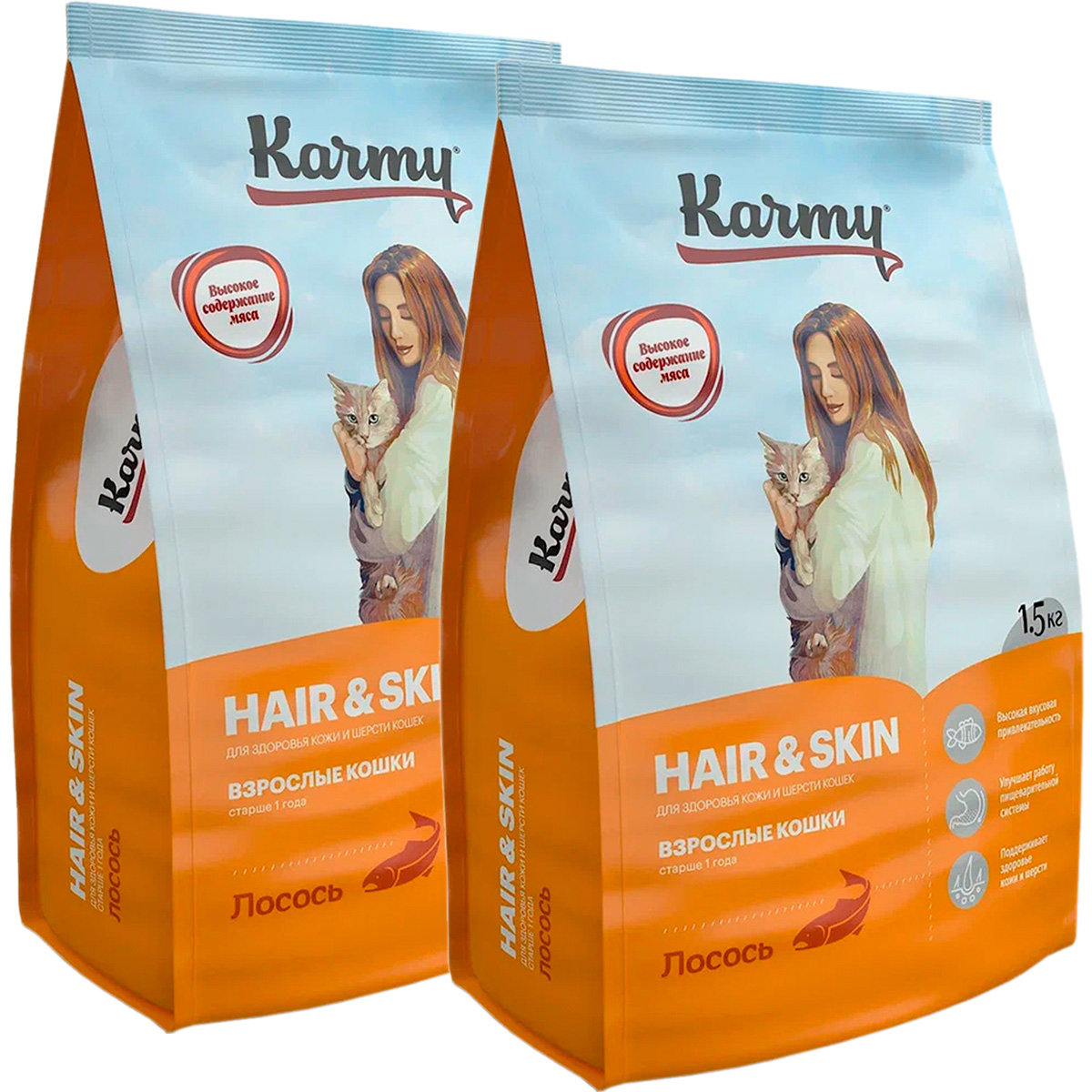 KARMY KARMY HAIR & SKIN для взрослых кошек с чувствительной кожей и шерстью с лососем (1,5
KARMY KARMY HAIR & SKIN для взрослых кошек с чувствительной кожей и шерстью с лососем (1,5