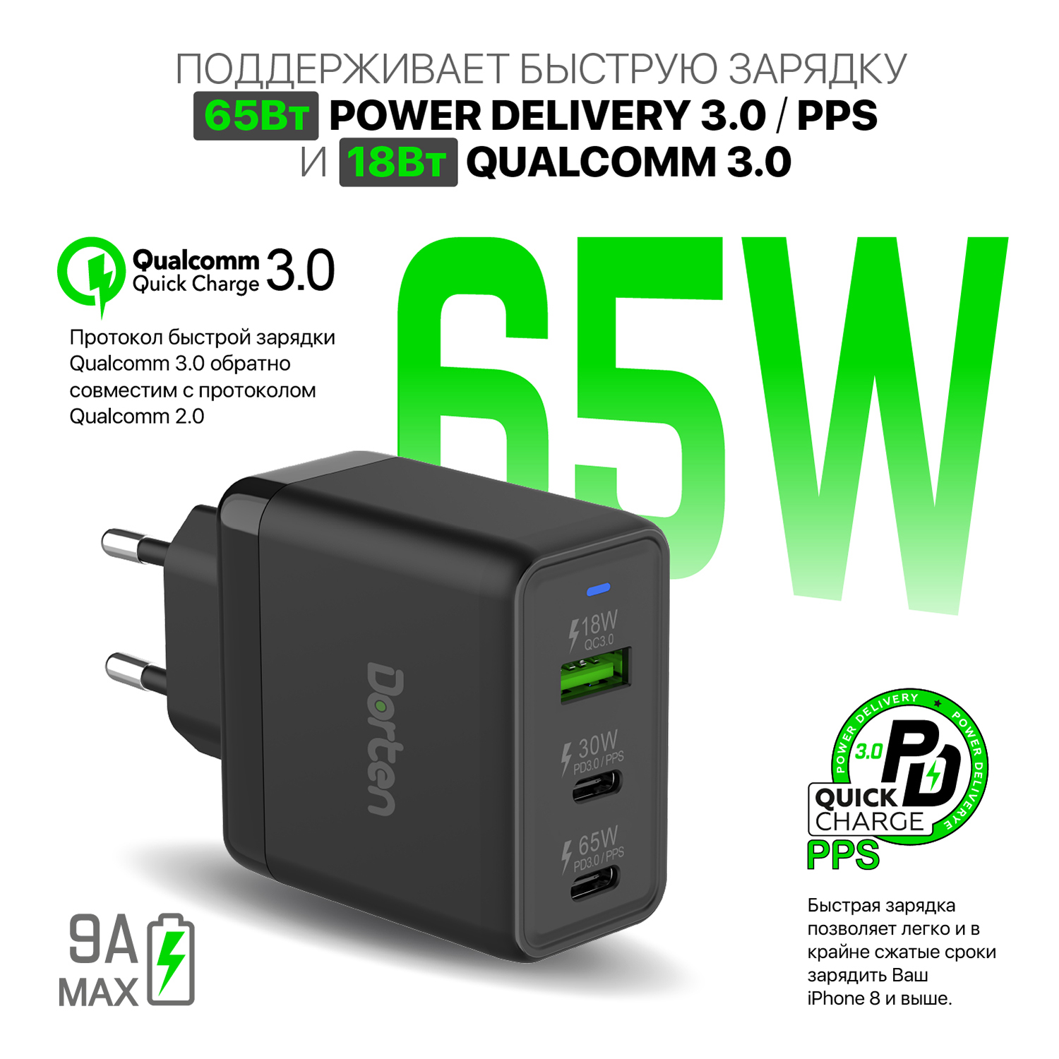 Сетевое зарядное устройство Dorten 3-Port USB 65 Вт 1xUSB Type-C, 2xUSB 9 А черный, 3-Port USB 65 Вт
Сетевое зарядное устройство Dorten 3-Port USB 65 Вт 1xUSB Type-C, 2xUSB 9 А черный, 3-Port USB 65 Вт