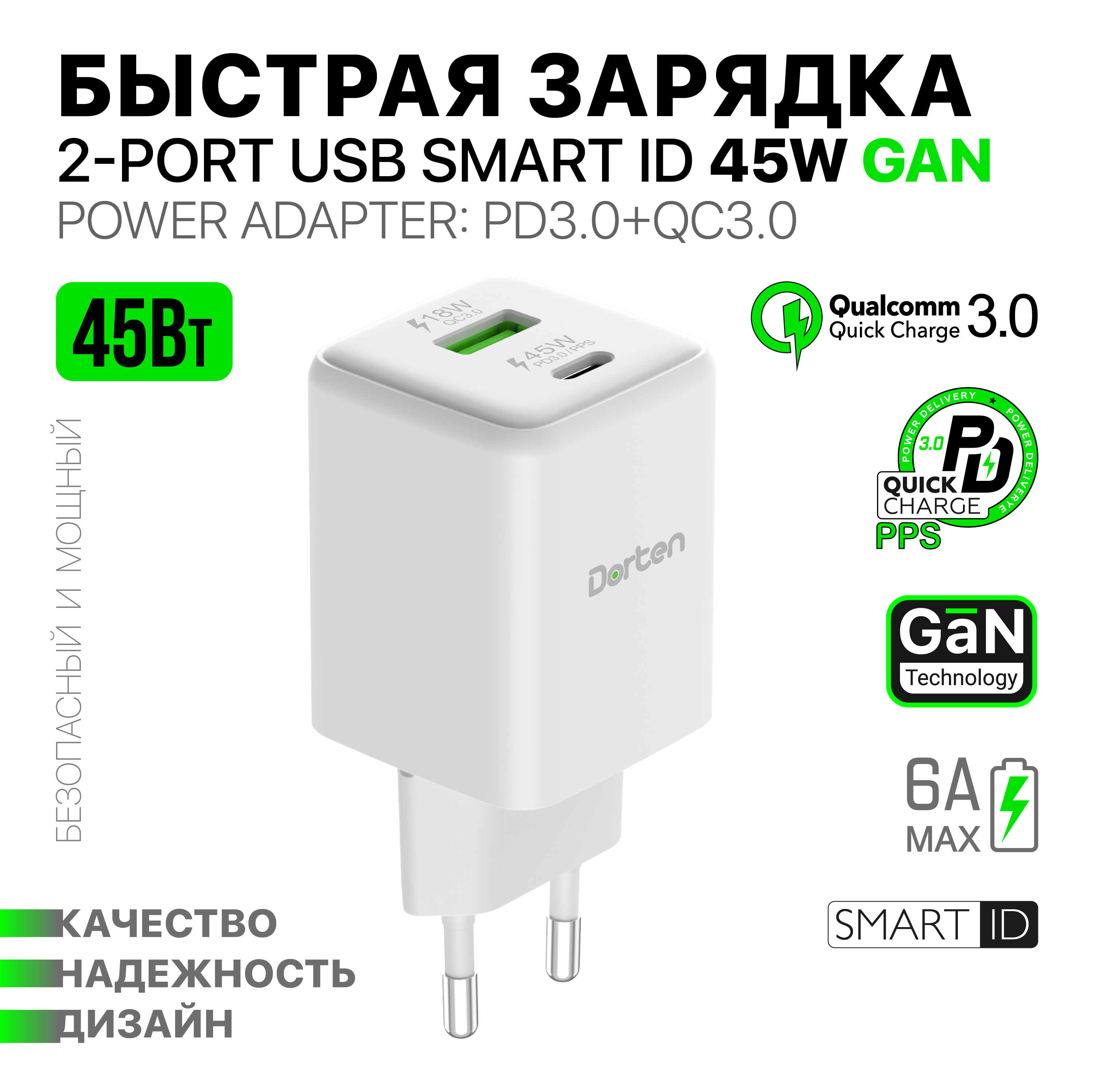 Сетевое зарядное устройство Dorten 2USB Smart ID 45W Gan Adapter PD3.0/PPS + QC3.0, Gan
Сетевое зарядное устройство Dorten 2USB Smart ID 45W Gan Adapter PD3.0/PPS + QC3.0, Gan