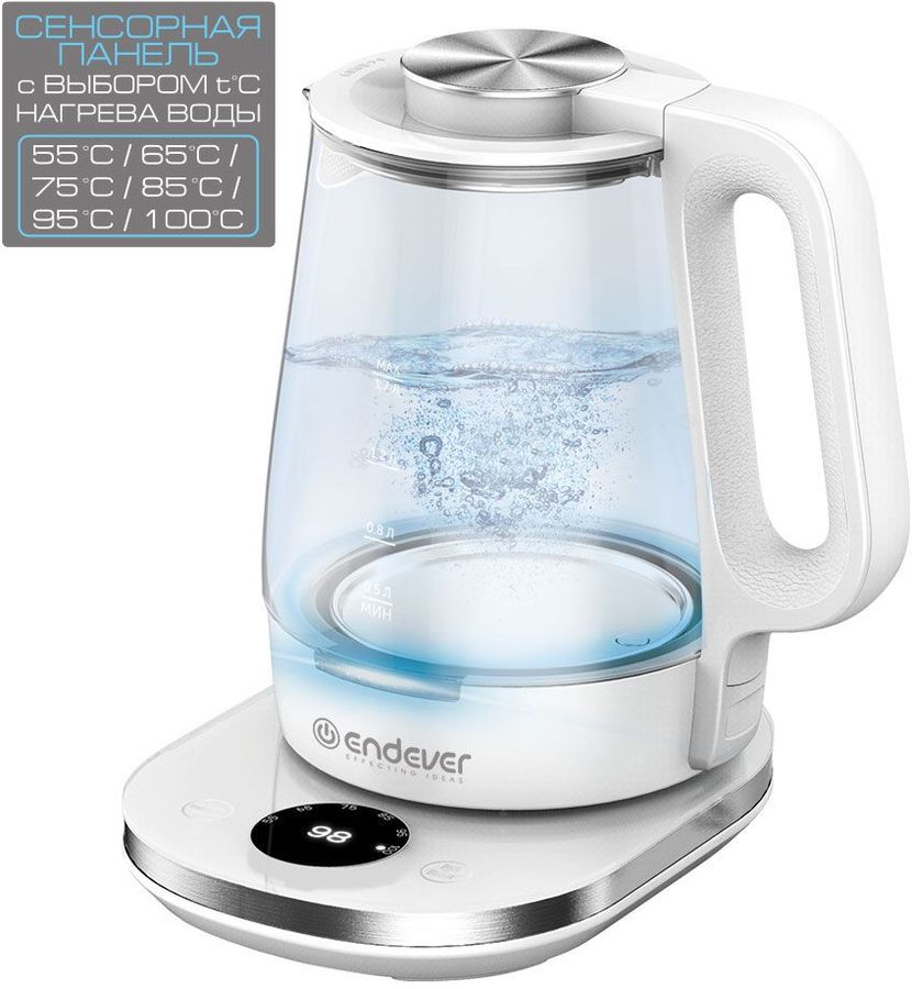 фото Чайник электрический endever skyline kr-335g, 1800вт, прозрачный и белый