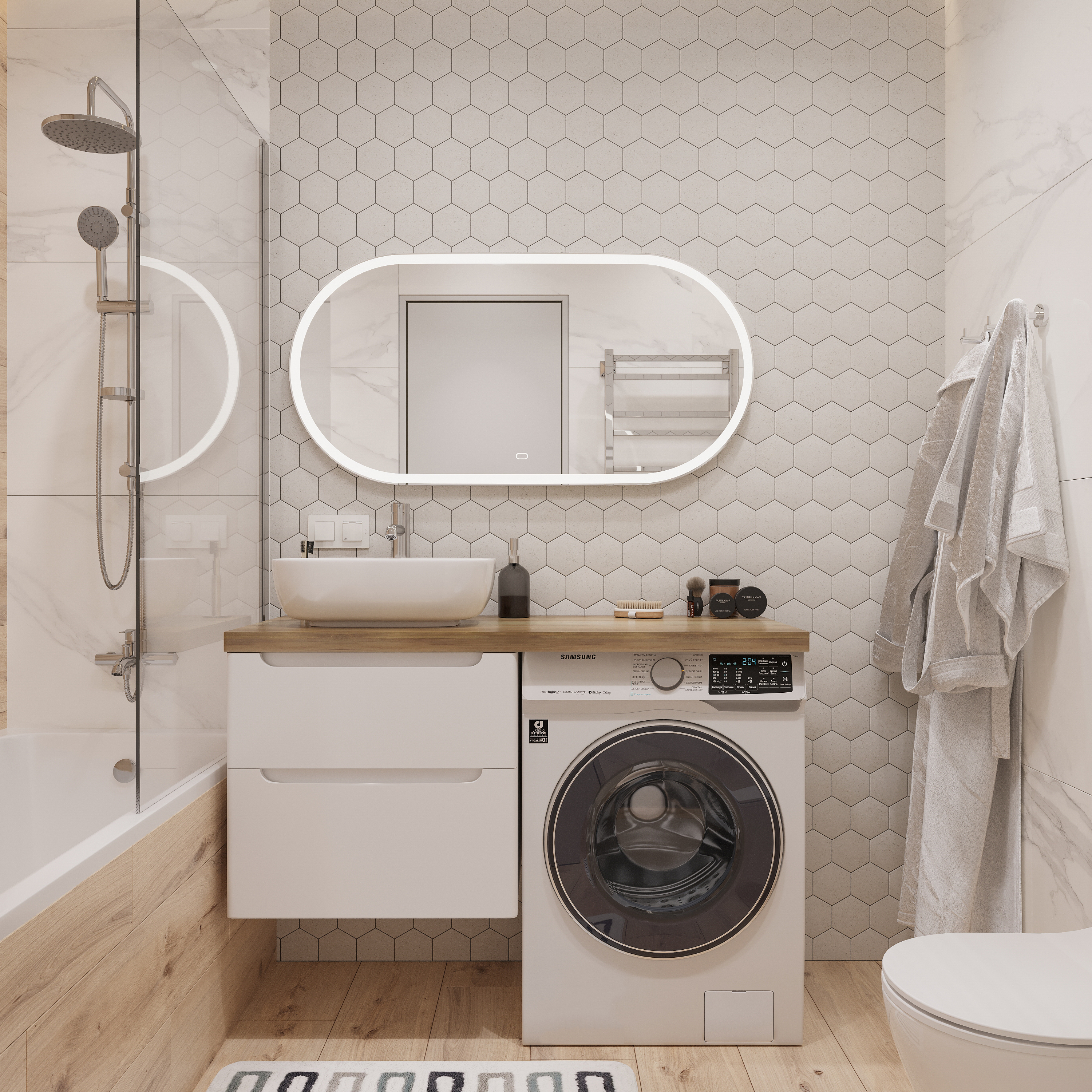 фото Мебель для ванной stworki берген 60 белая со светлой столешницей 122, раковина moduo 50 sq