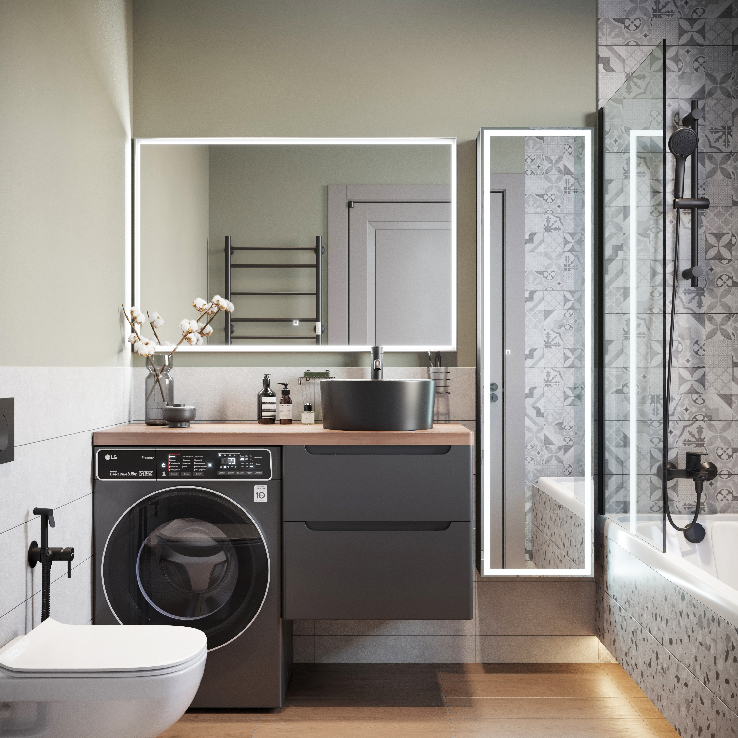 фото Мебель для ванной stworki берген 60 серая с темной столешницей 122, раковина rotenburg 40