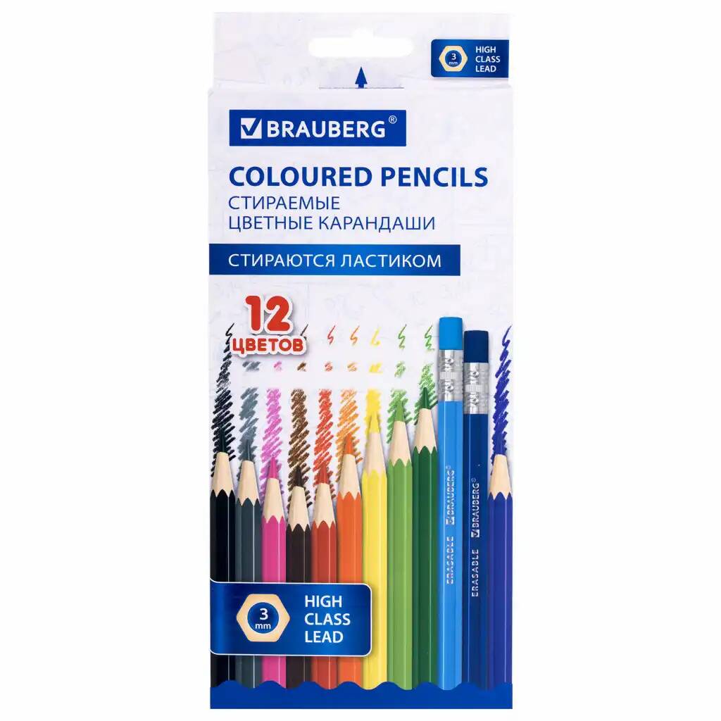 Карандаши цветные BRAUBERG ERASABLE стираемые с ластиком 12 цветов, мягкий грифель 3 мм, Разноцветные
Карандаши цветные BRAUBERG ERASABLE стираемые с ластиком 12 цветов, мягкий грифель 3 мм, Разноцветные