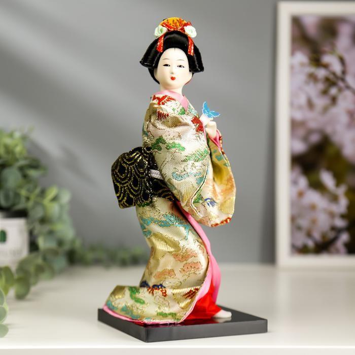 фото Кукла коллекционная "японка в цветочном кимоно с бабочкой на руке" 25х9,5х9,5 см 804-718 nobrand