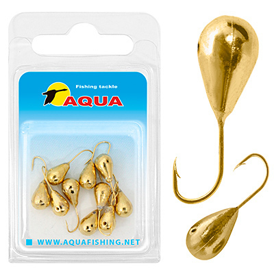 фото Мормышка вольфрамовая aqua "капля с отверстием", d 4,0 мм, крючок №16, золото, 10 шт.